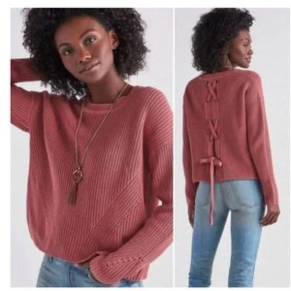 Lucky Brand Laced Back Rib Knit Cotton Sweater in Mauve - NEW - Size Large - Picture 1 of 7
